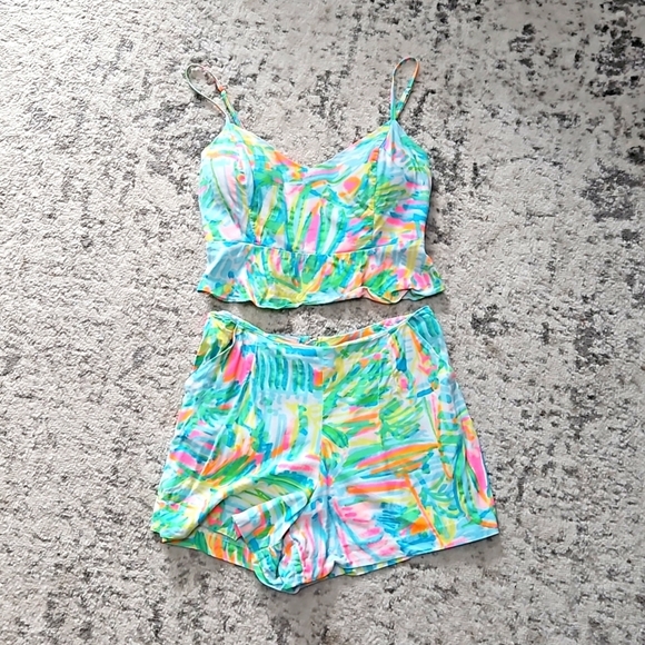Lilly Pulitzer "Linnea" crop peplum top with shorts set sea salt and sand 25484